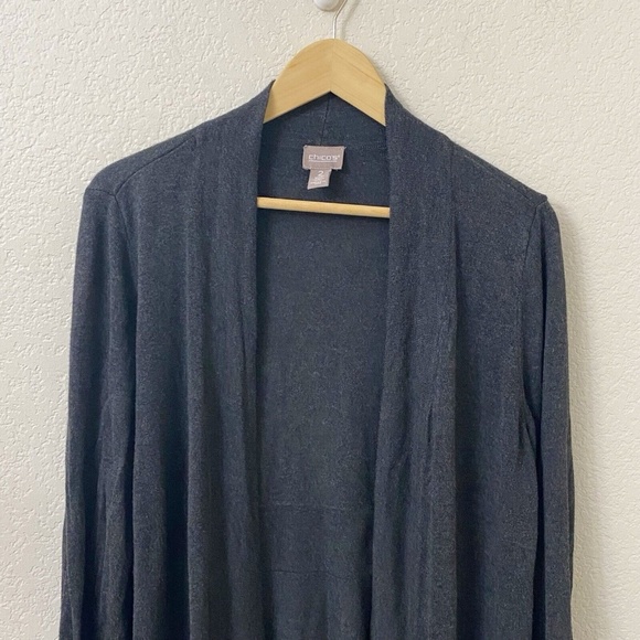 Chicos Sweater Cardigan Size 2 or Large Dark Gray Open Front - Picture 2 of 4